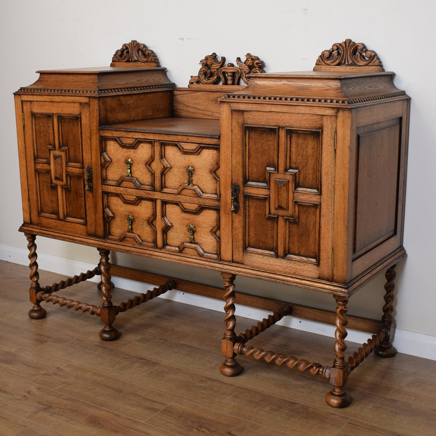 Vintage Carved Oak Barley Twist Sideboard