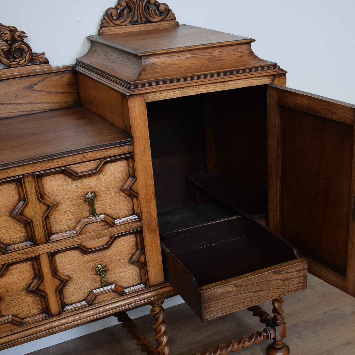 Vintage Carved Oak Barley Twist Sideboard