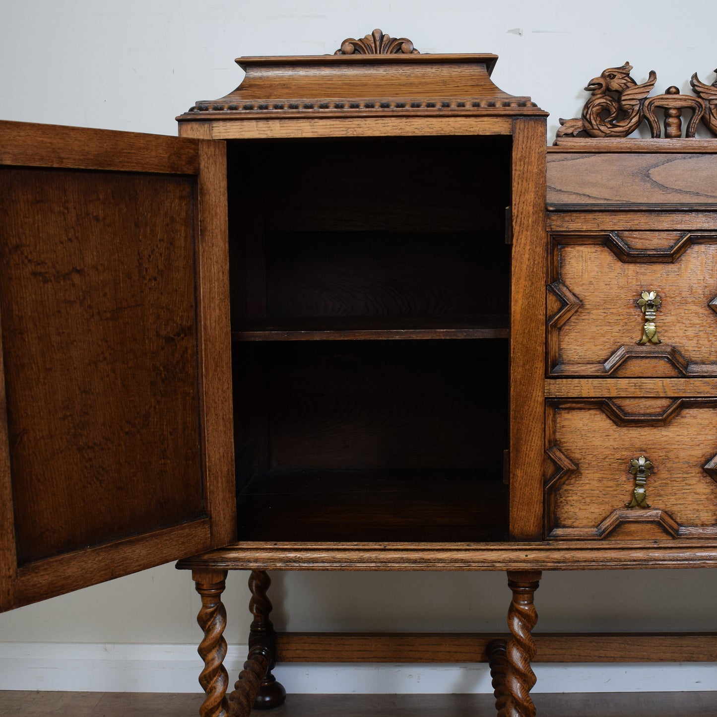 Vintage Carved Oak Barley Twist Sideboard