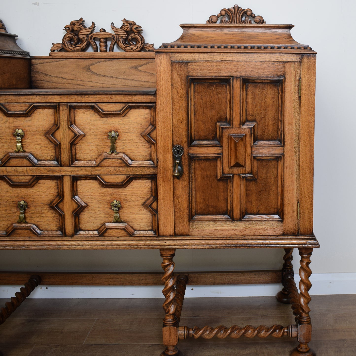 Vintage Carved Oak Barley Twist Sideboard