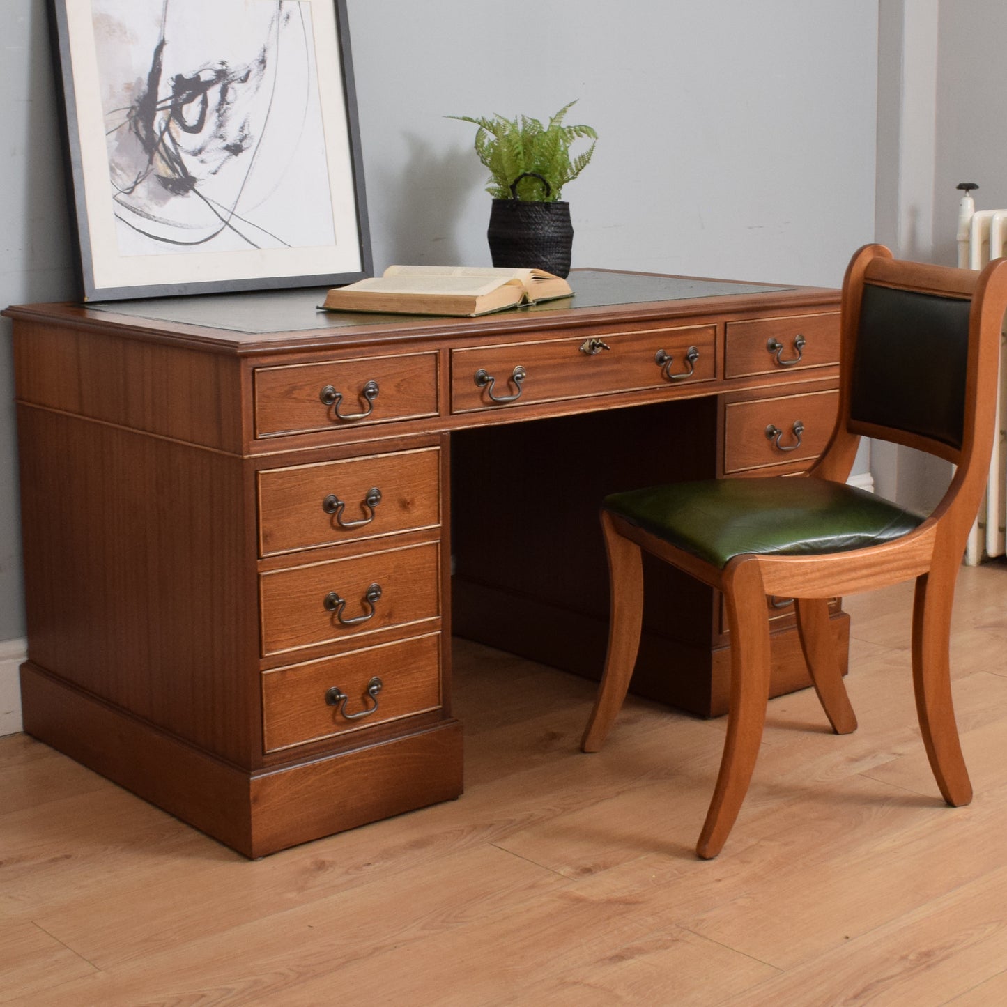 Restored Leather Top Pedestal Desk and Chair