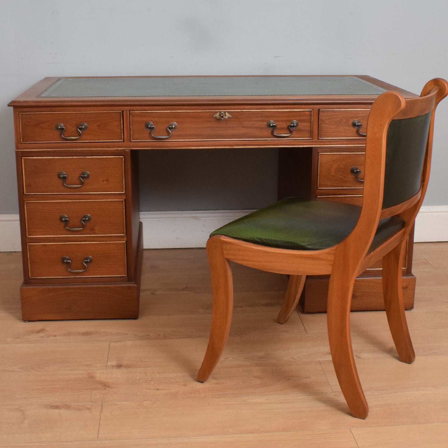 Restored Leather Top Pedestal Desk and Chair