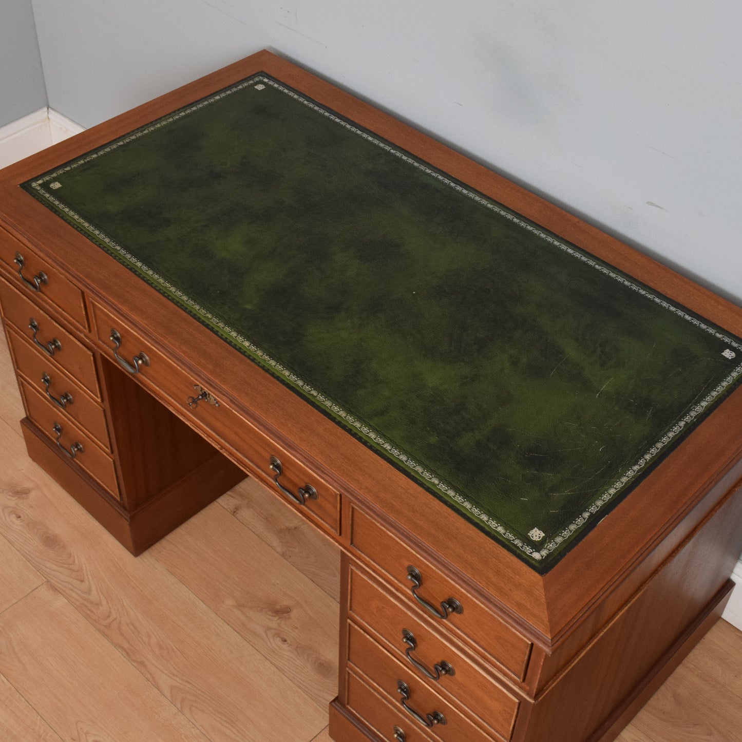 Restored Leather Top Pedestal Desk and Chair