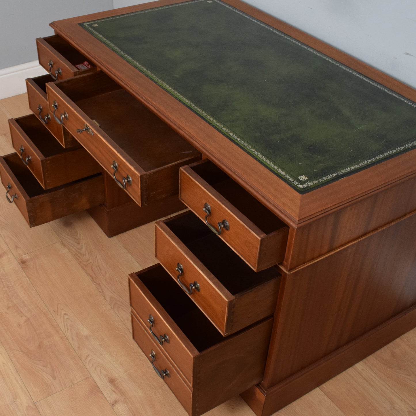 Restored Leather Top Pedestal Desk and Chair