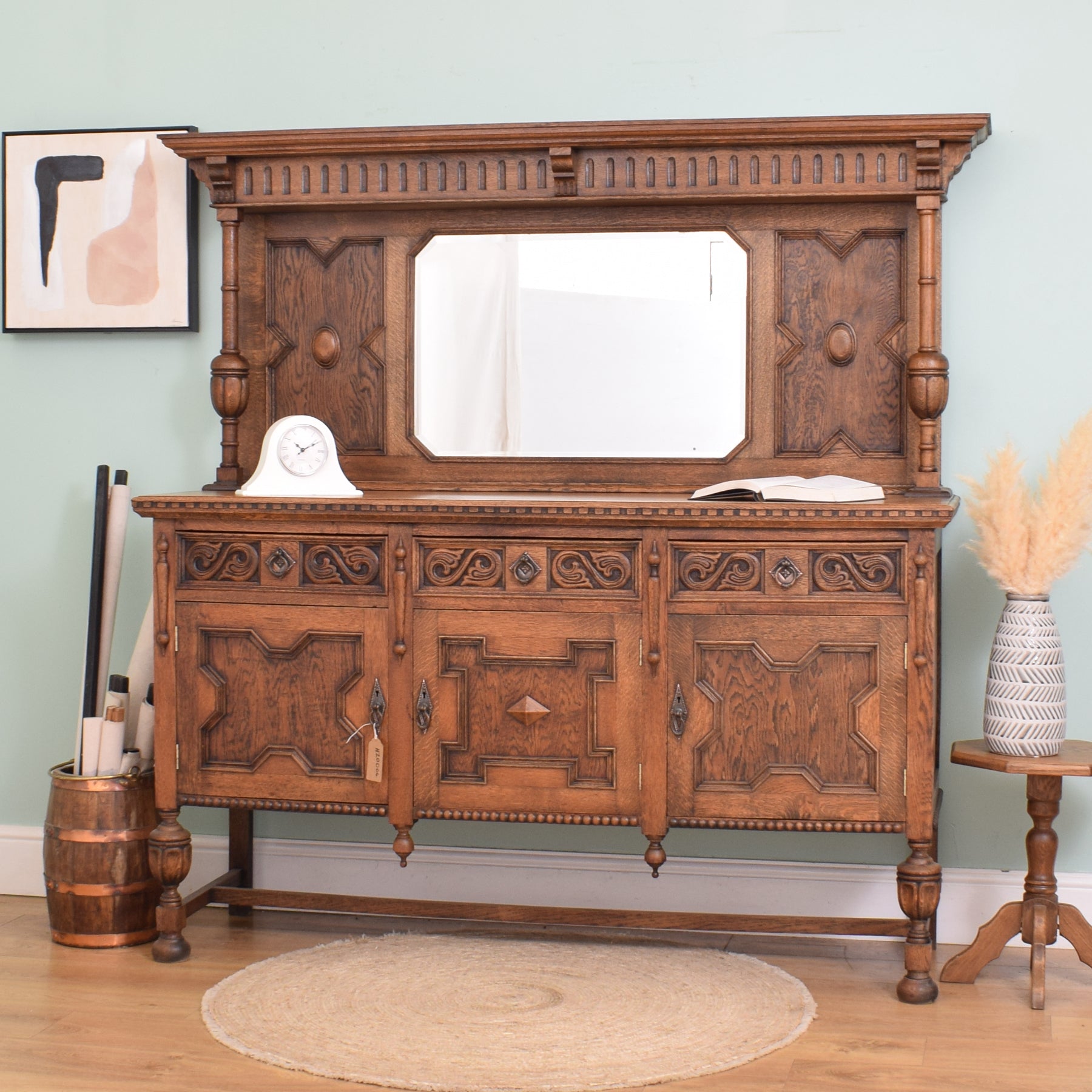 Antique Oak Mirrored Back Sideboard - Main Image
