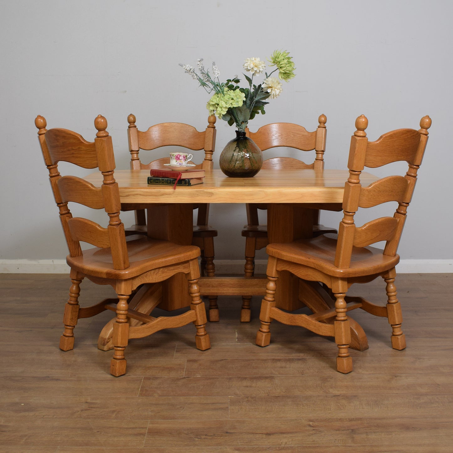 Dutch-Style Solid Oak Table & Four Chairs