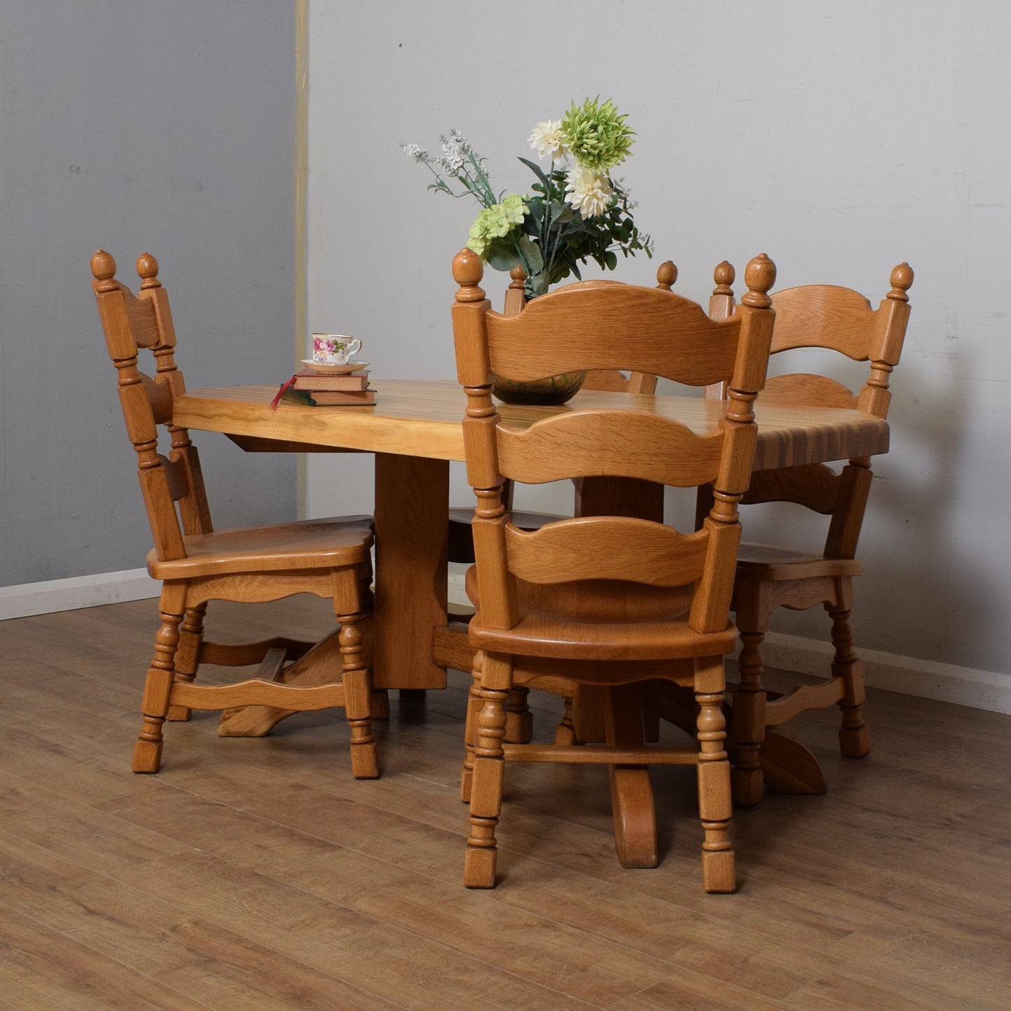 Dutch-Style Solid Oak Table & Four Chairs