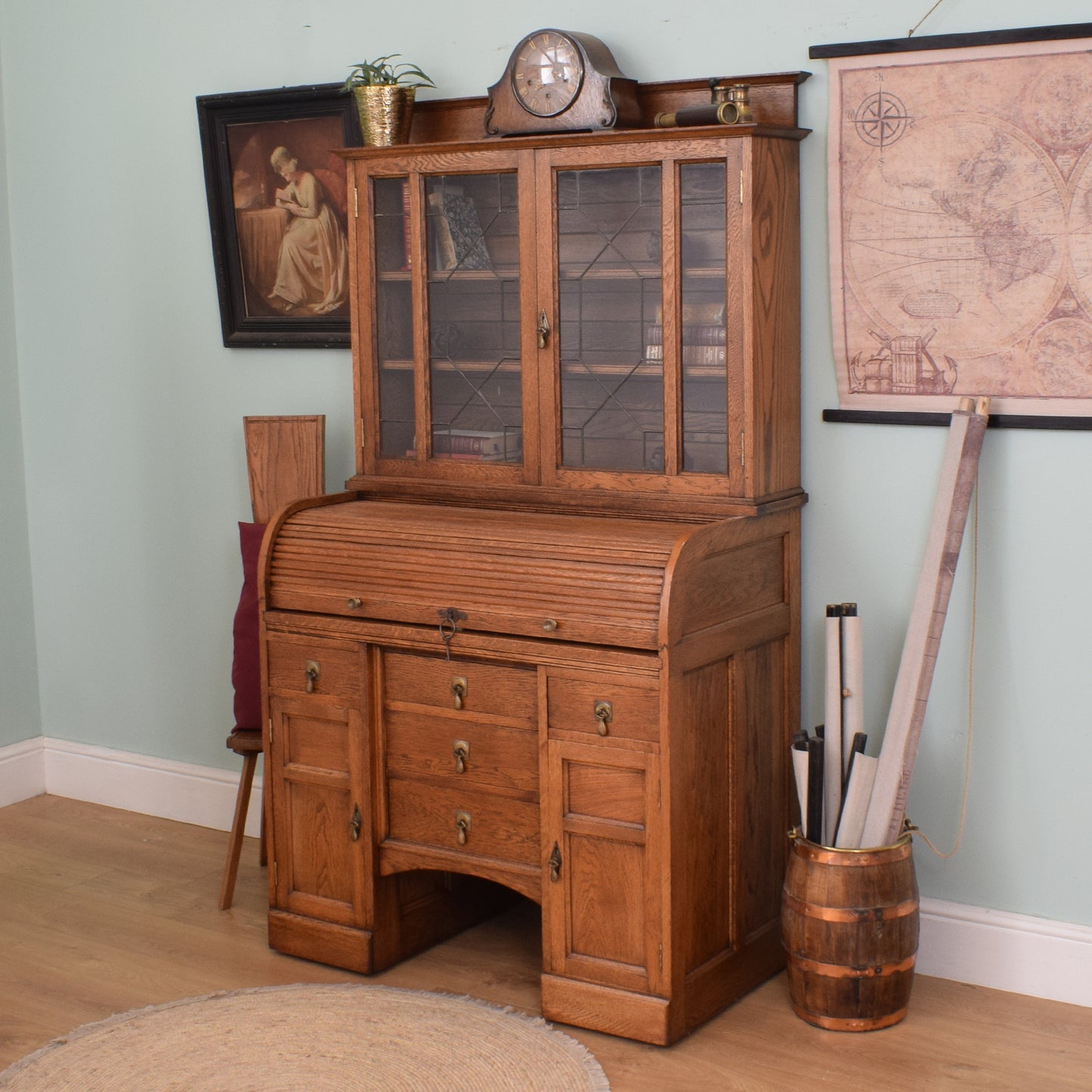 Vintage Oak Roll Top Desk/Bookcase