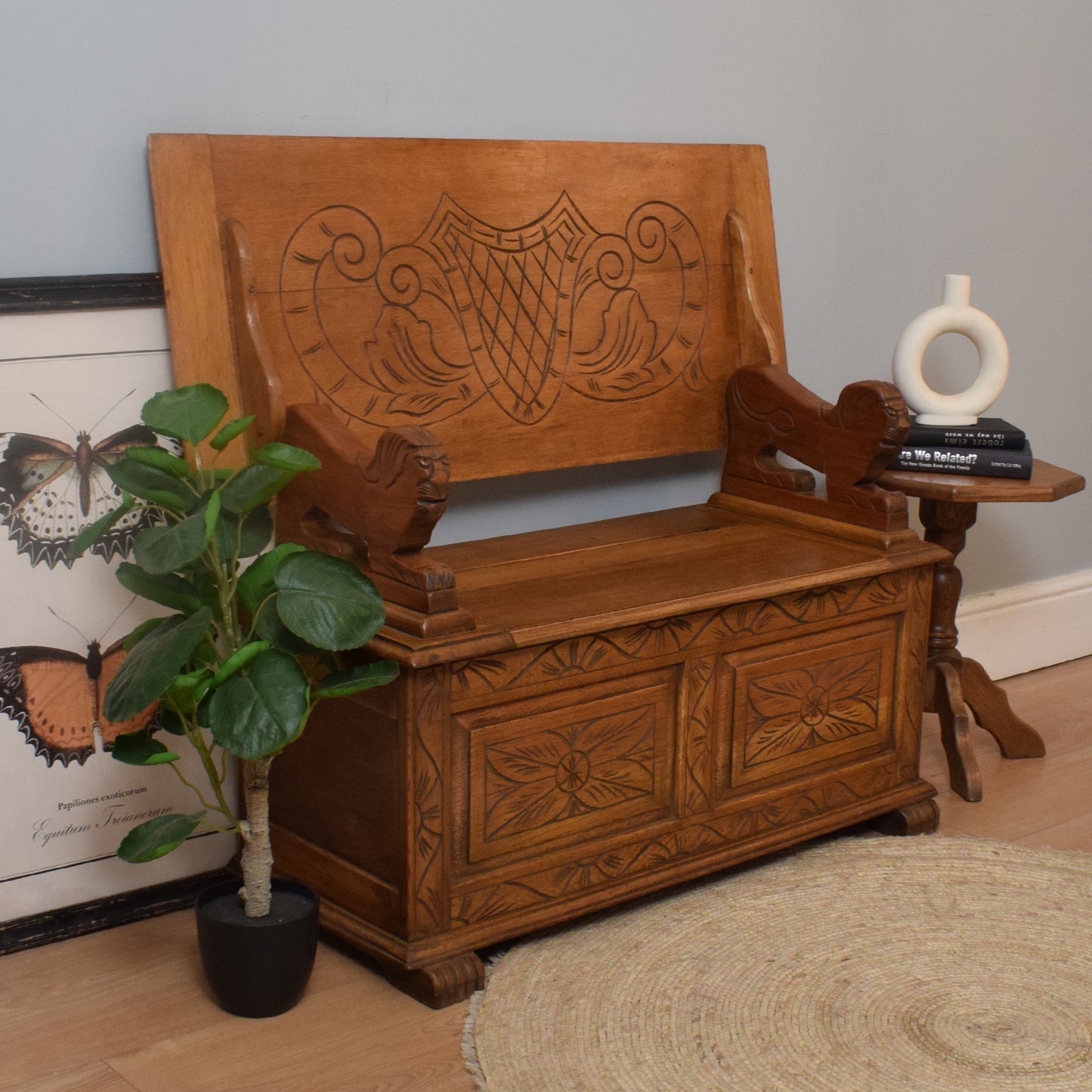 Carved Oak Monks Bench