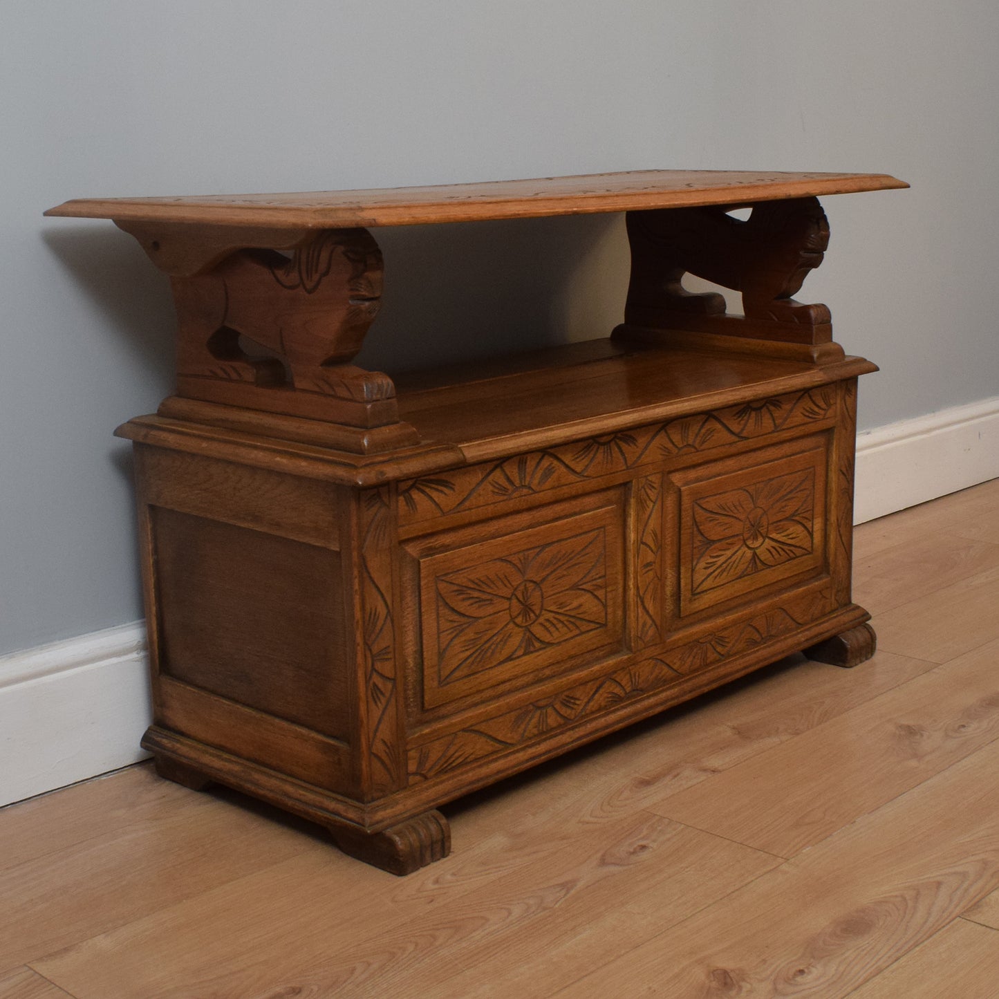 Carved Oak Monks Bench