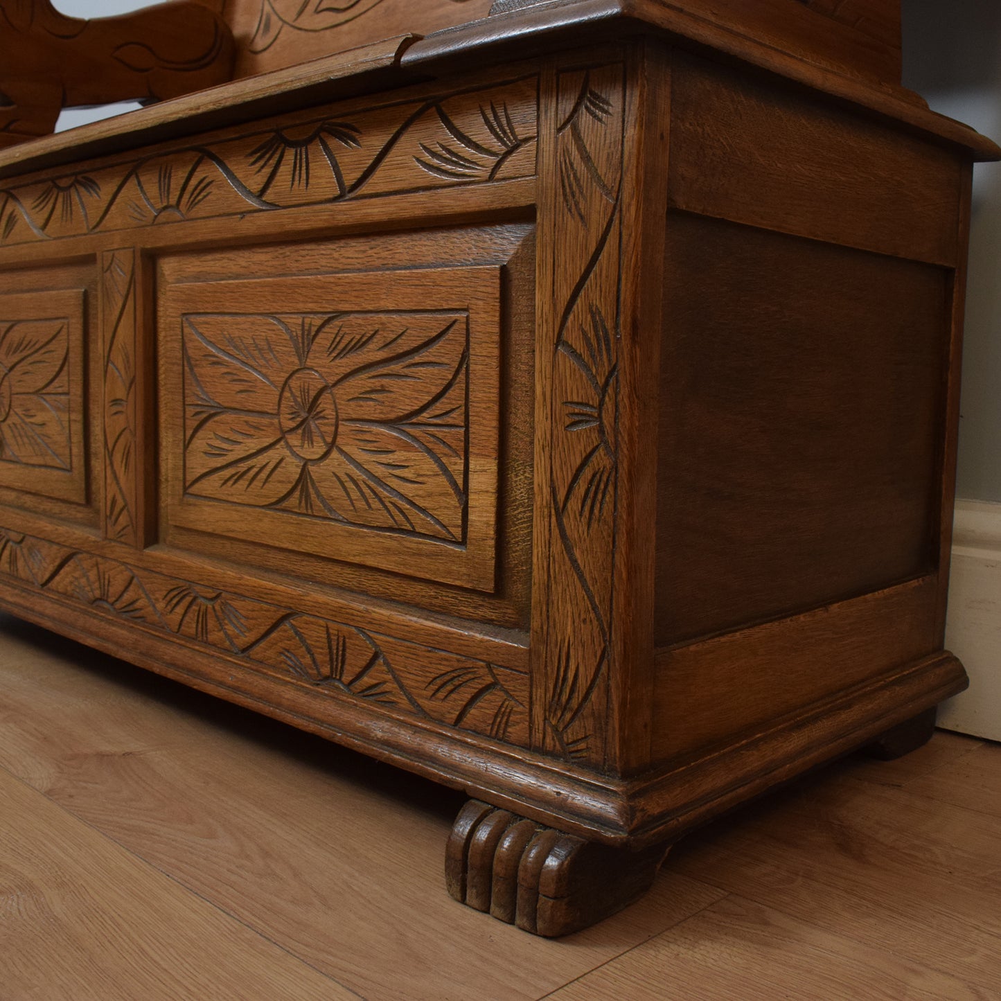 Carved Oak Monks Bench