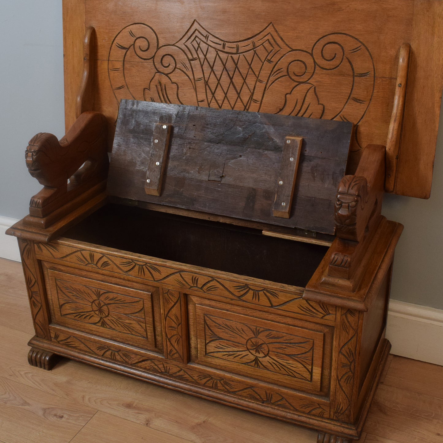 Carved Oak Monks Bench