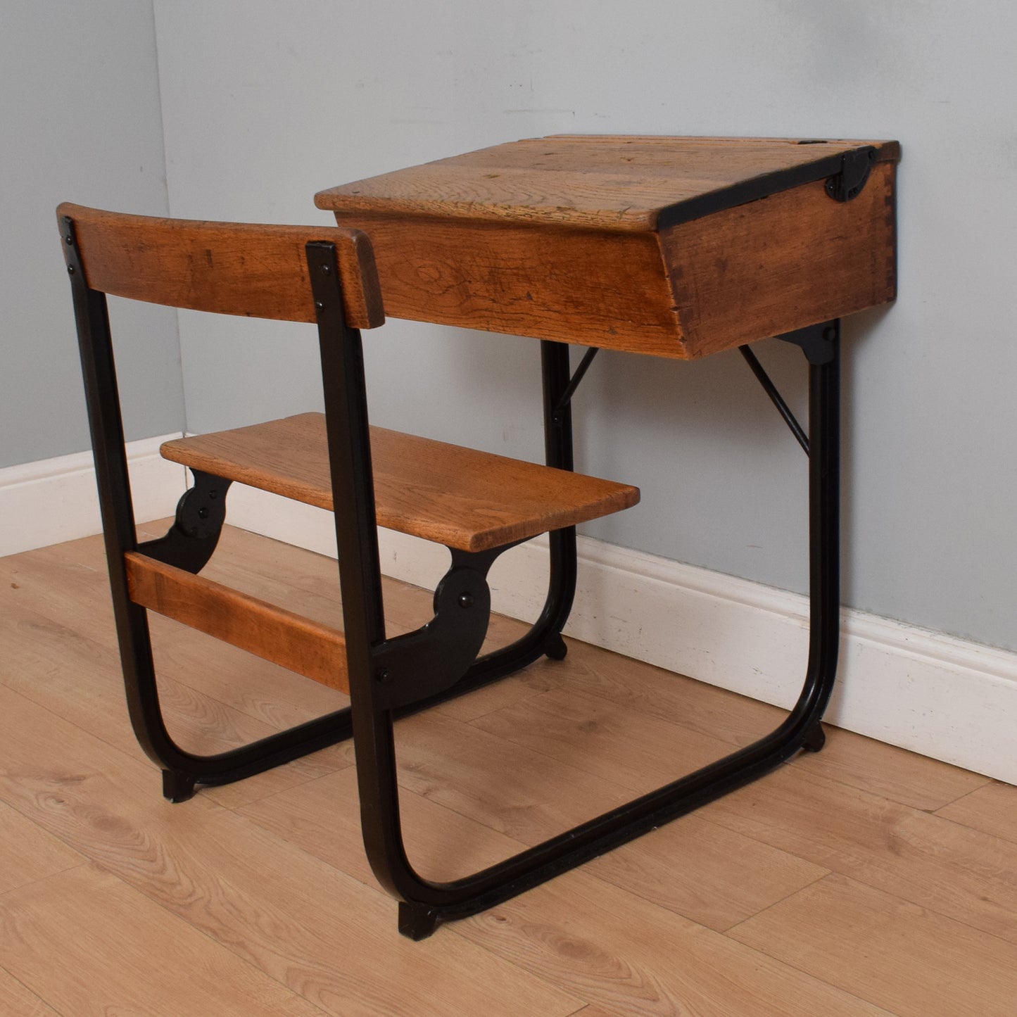 Vintage Oak/Metal School Desk