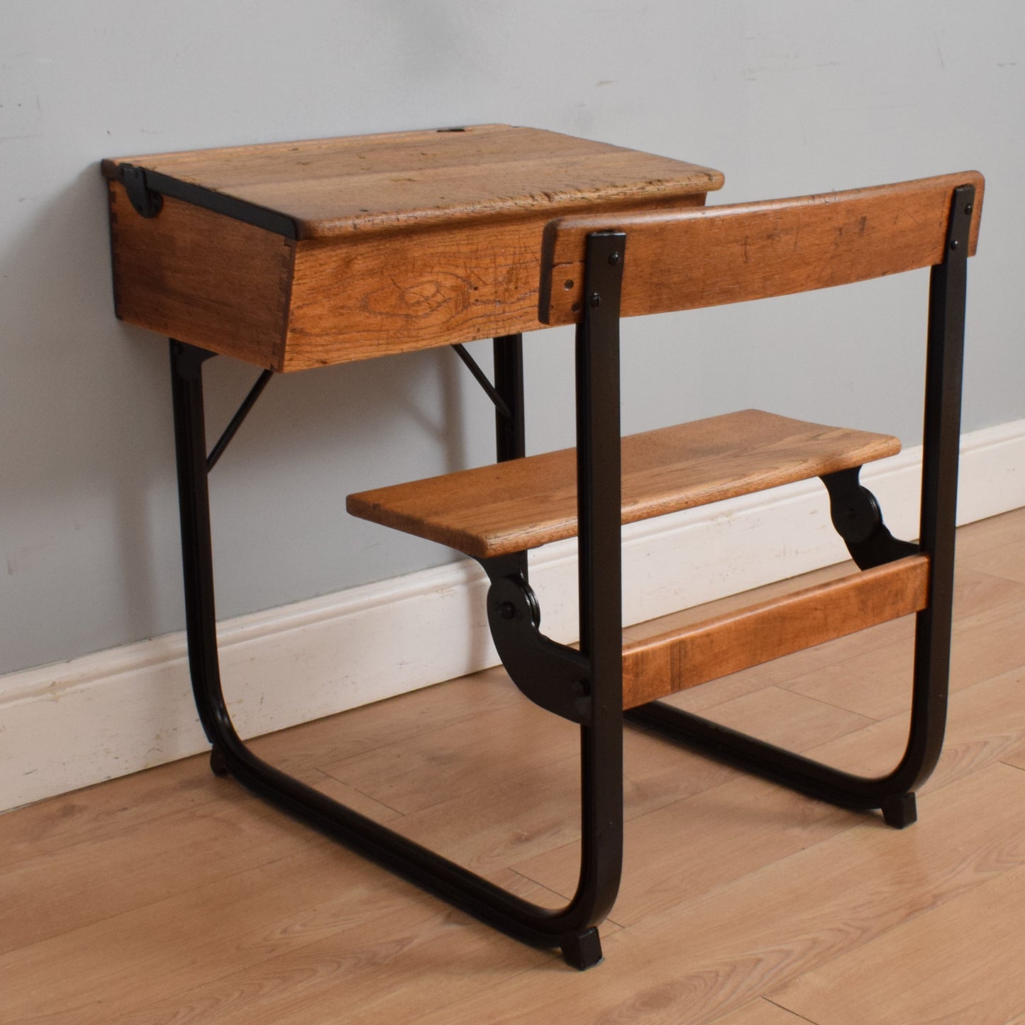 Vintage Oak/Metal School Desk