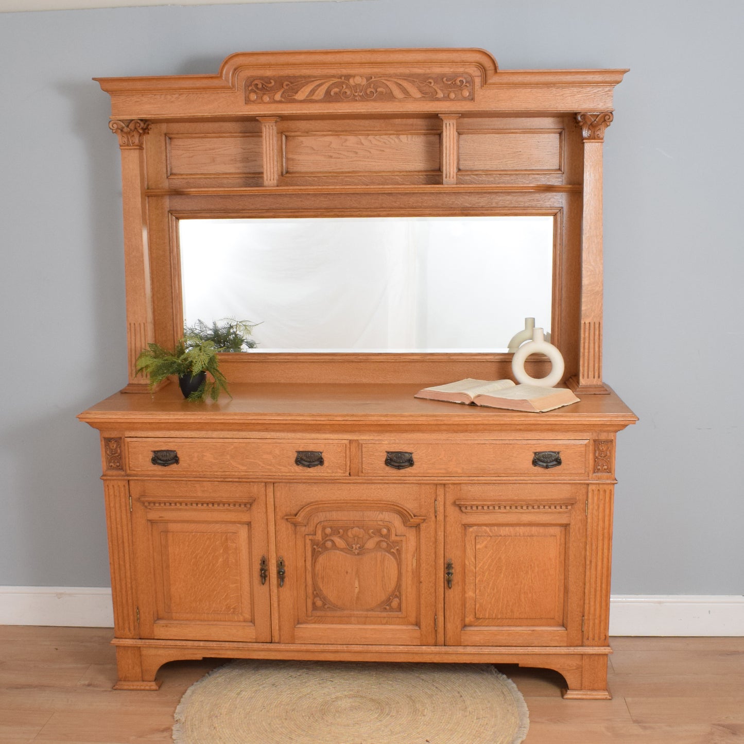 Large Oak Mirrored Sideboard