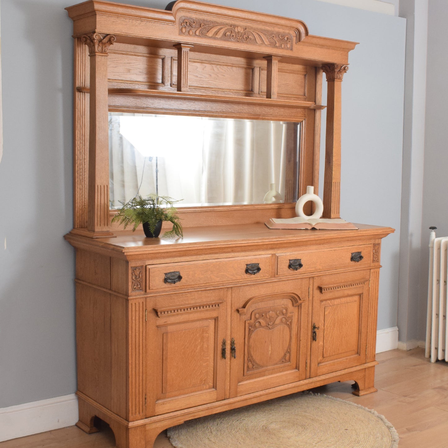 Large Oak Mirrored Sideboard