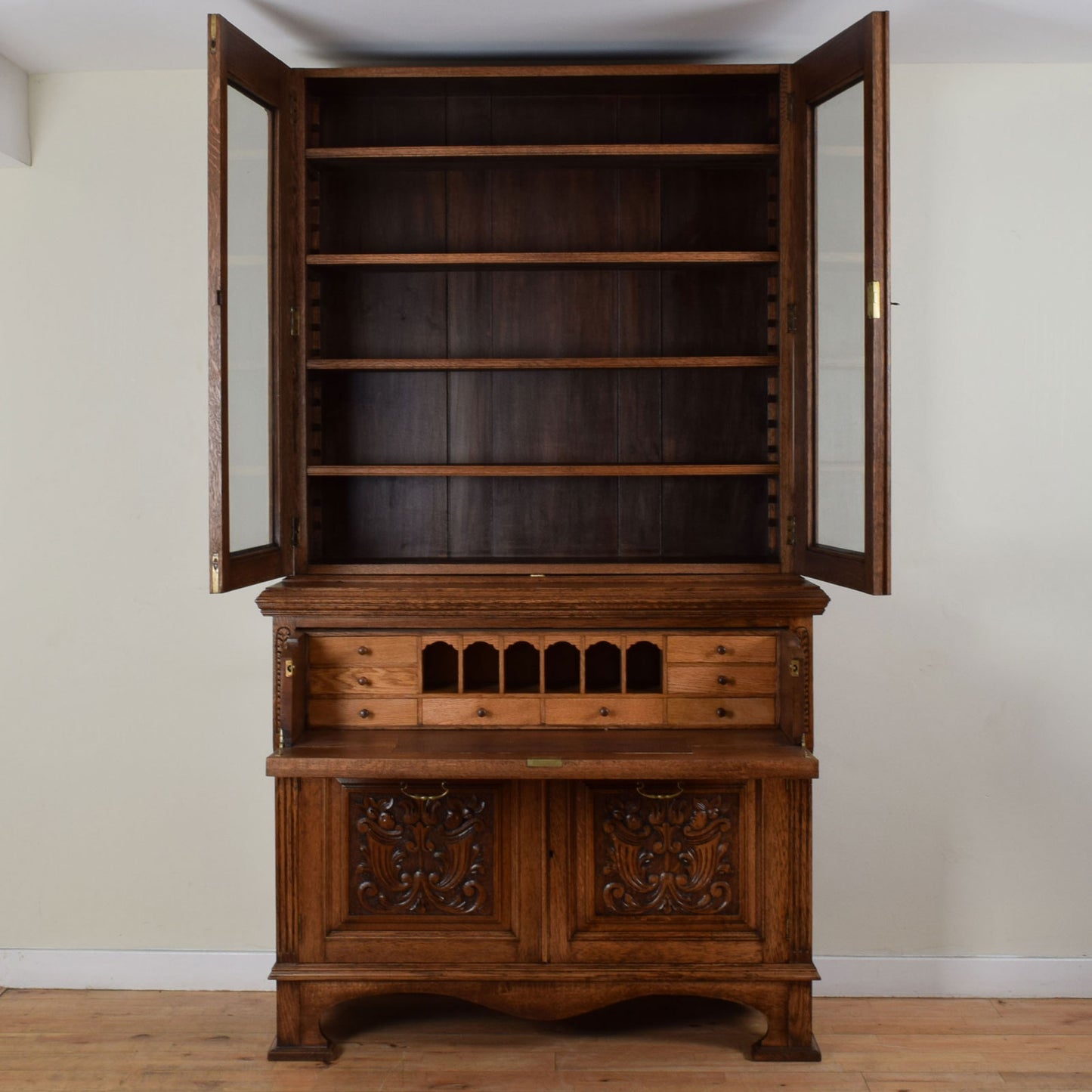 Vintage Carved Oak Bureau Bookcase
