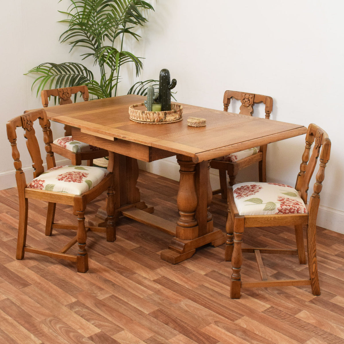 Carved Oak Draw Leaf Table and Four Chairs