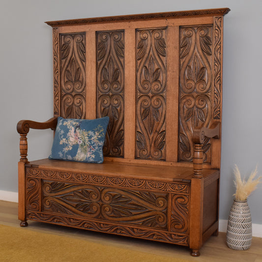 Carved Oak Settle Bench