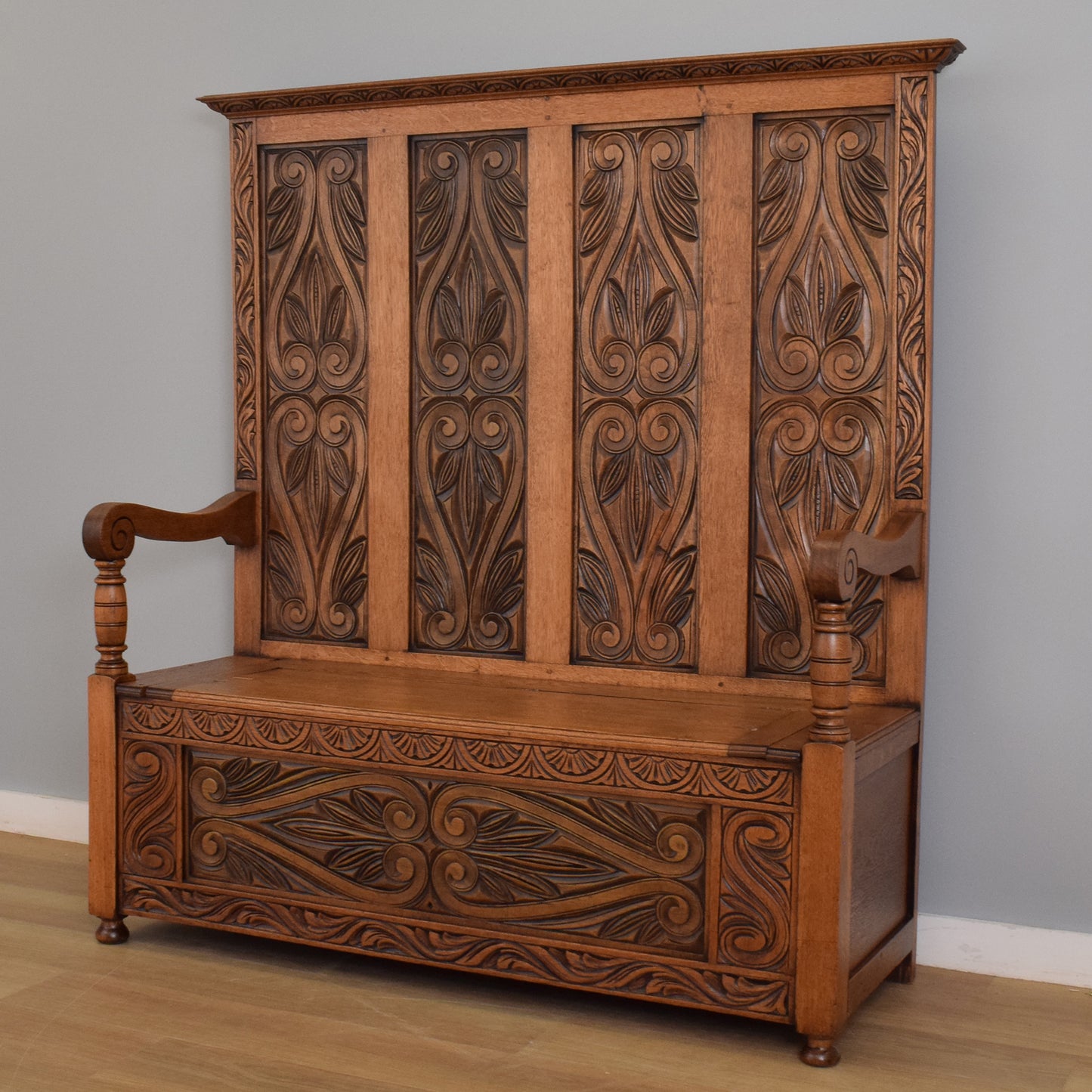 Carved Oak Settle Bench