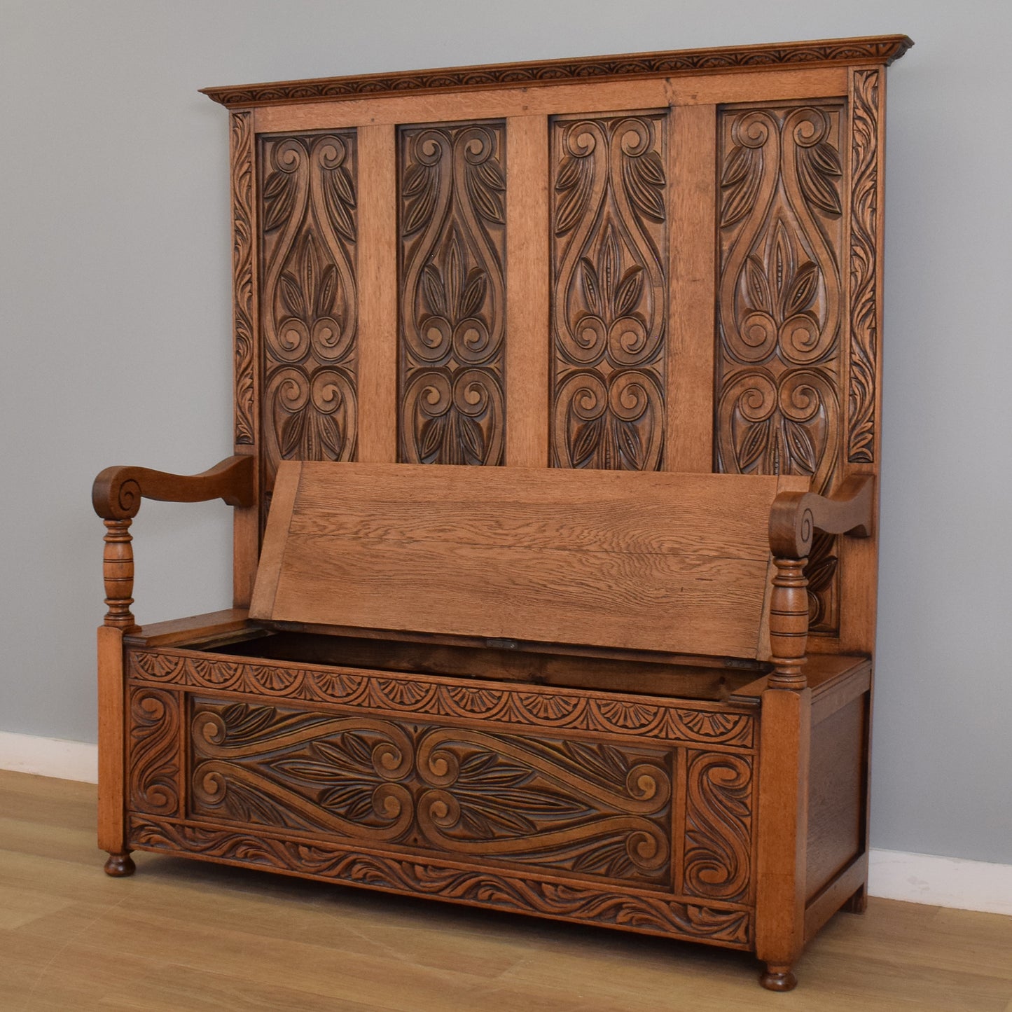 Carved Oak Settle Bench