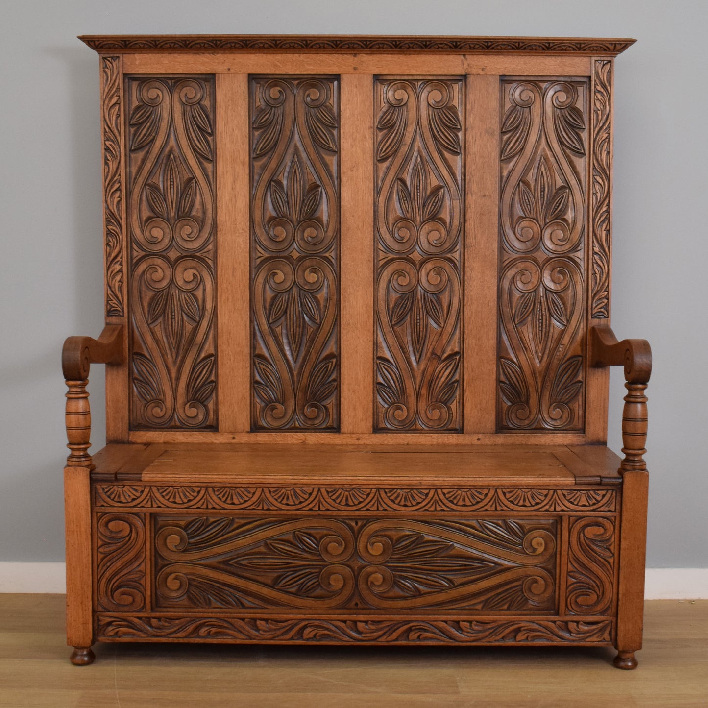 Carved Oak Settle Bench