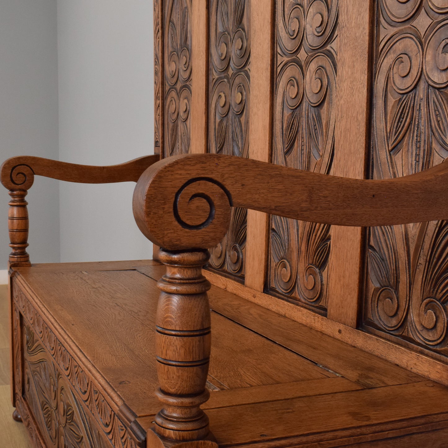 Carved Oak Settle Bench
