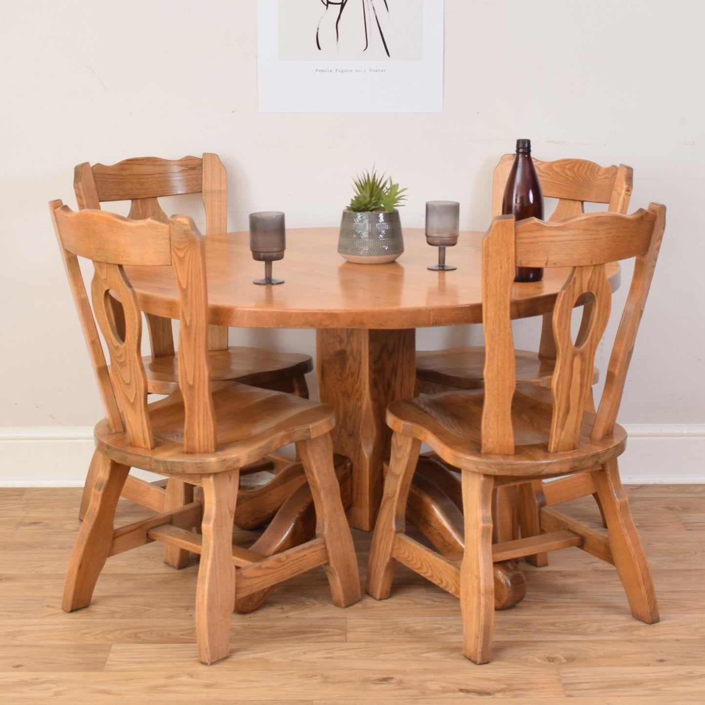 Round Oak Table And Four Chairs