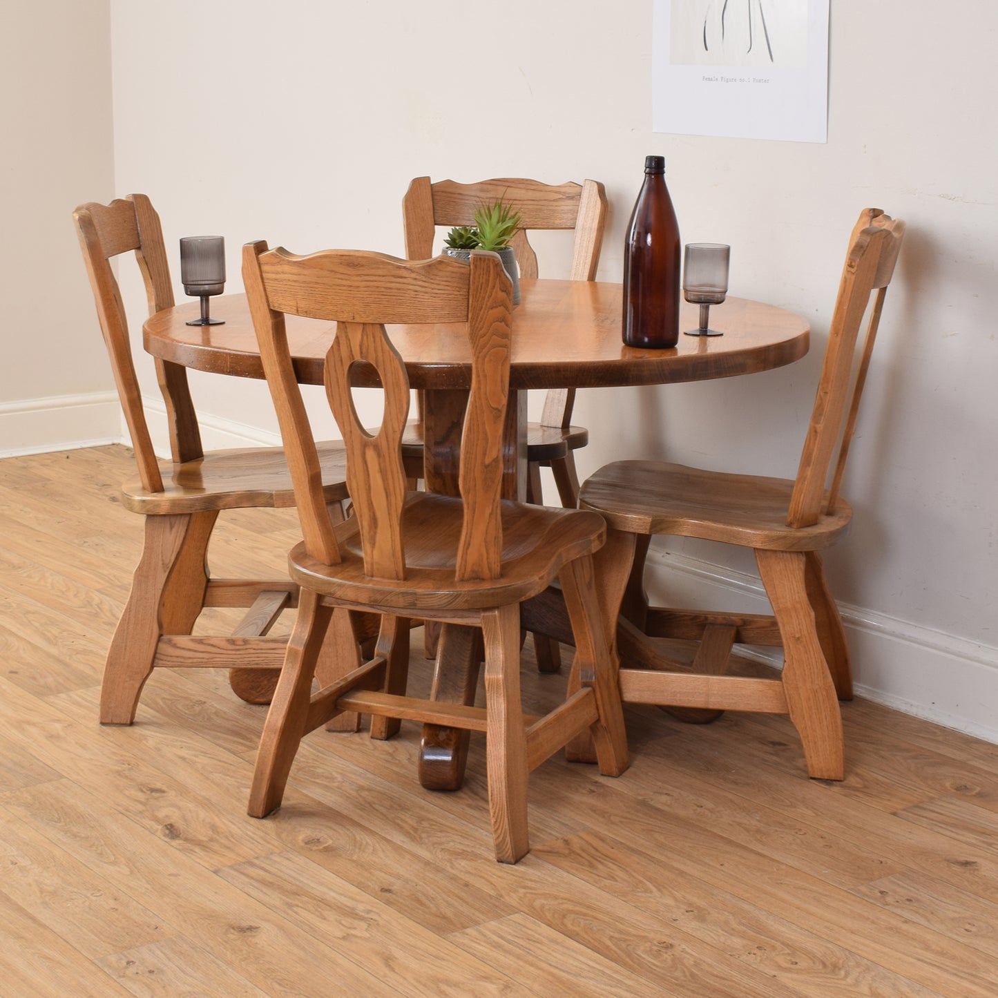 Round Oak Table And Four Chairs