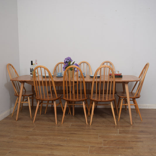 Restored Ercol Grand Windsor Plank Table And Eight Chairs