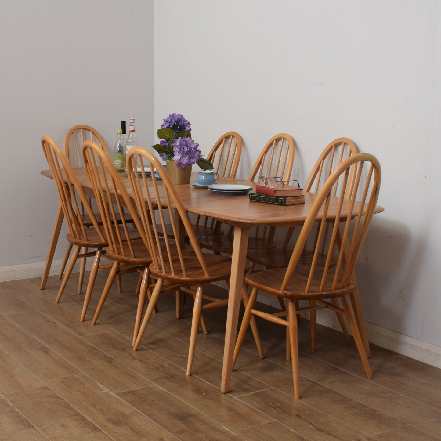 Restored Ercol Grand Windsor Plank Table And Eight Chairs