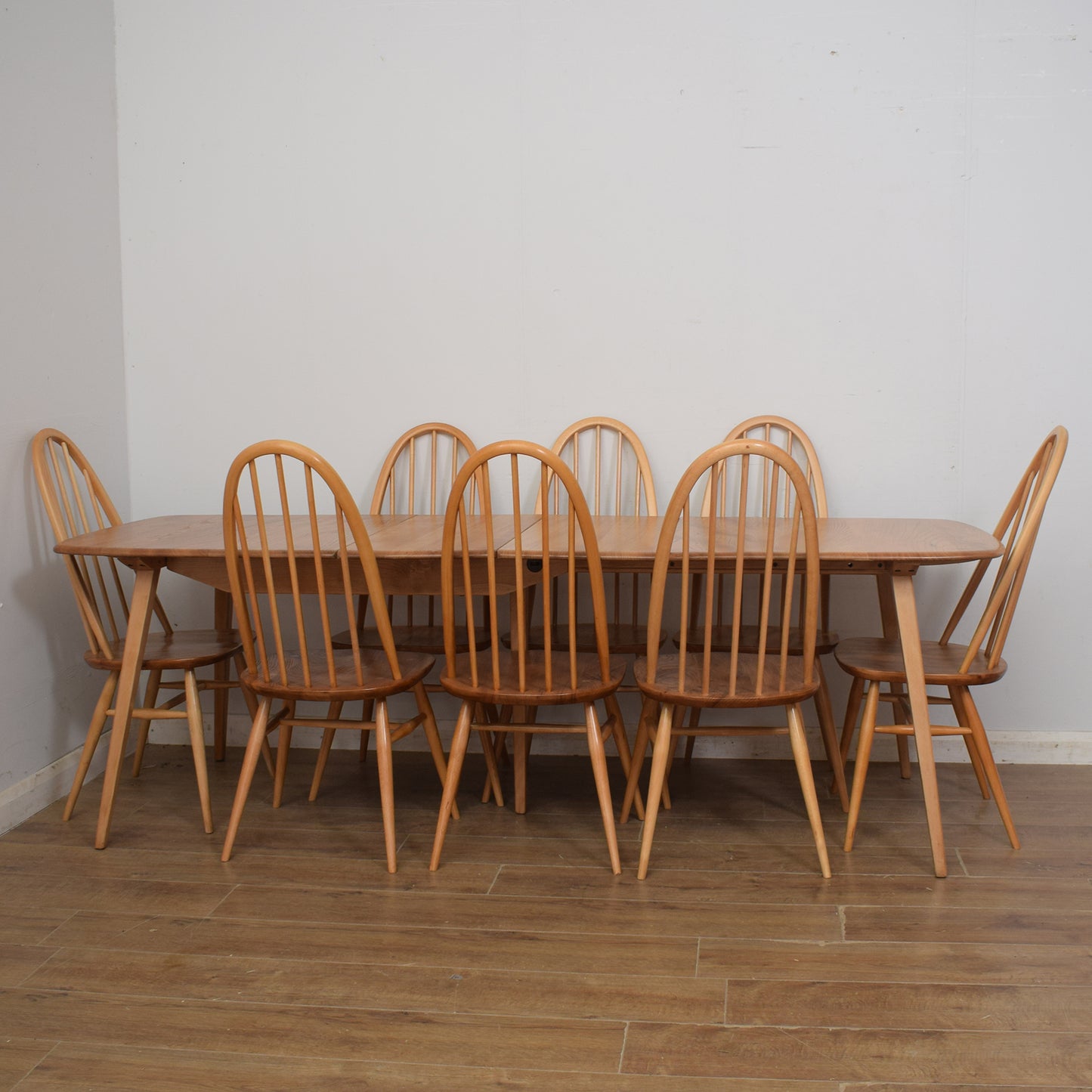 Restored Ercol Grand Windsor Plank Table And Eight Chairs