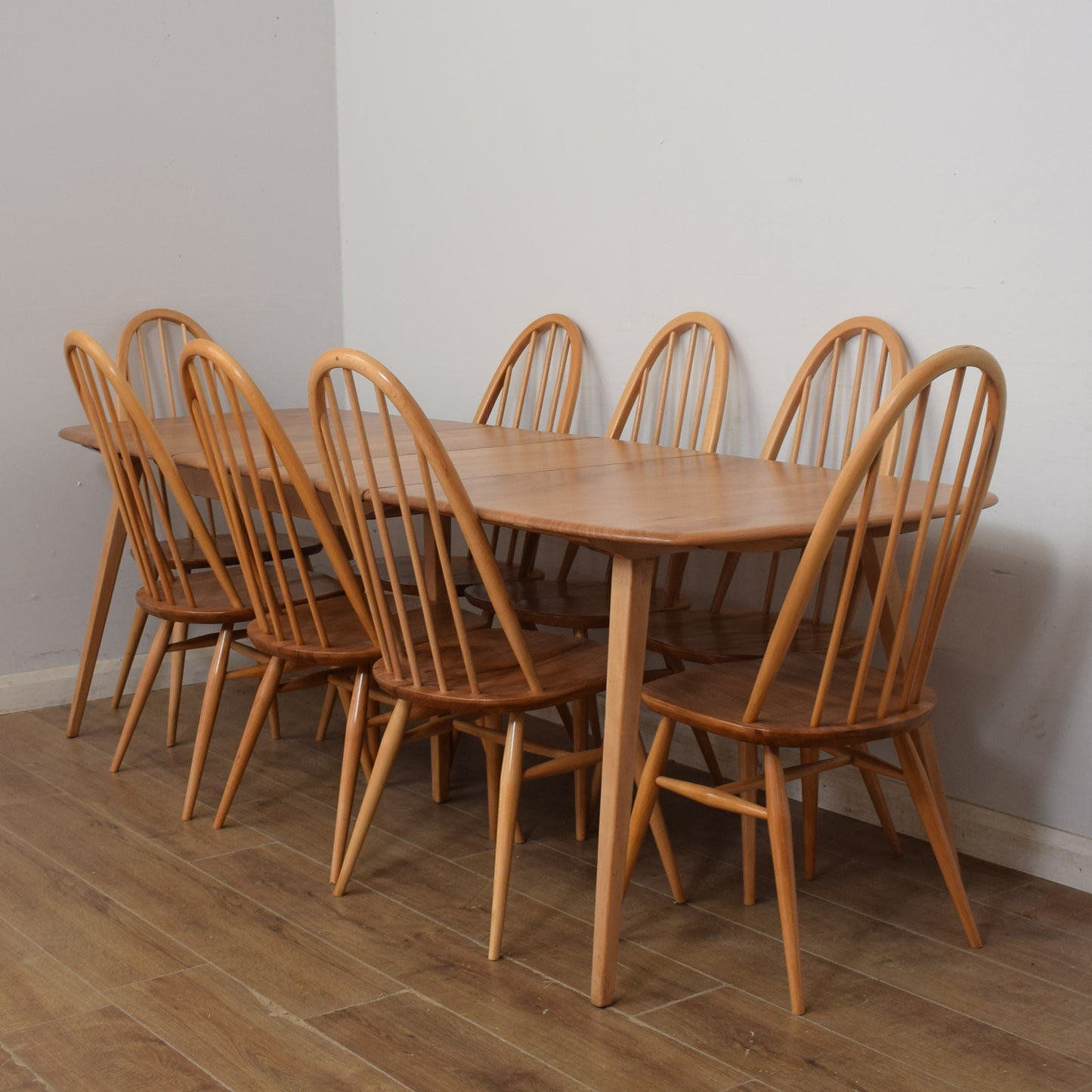 Restored Ercol Grand Windsor Plank Table And Eight Chairs