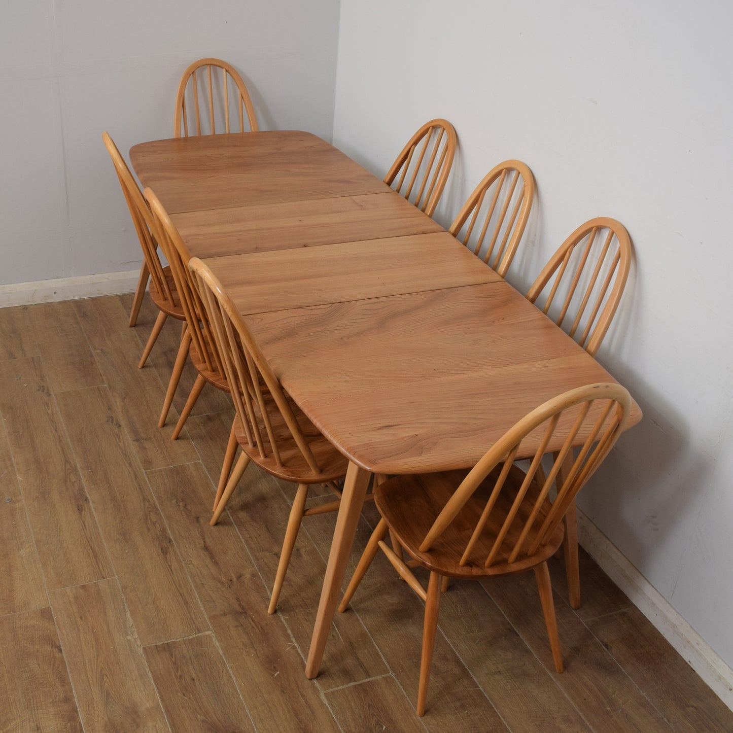 Restored Ercol Grand Windsor Plank Table And Eight Chairs