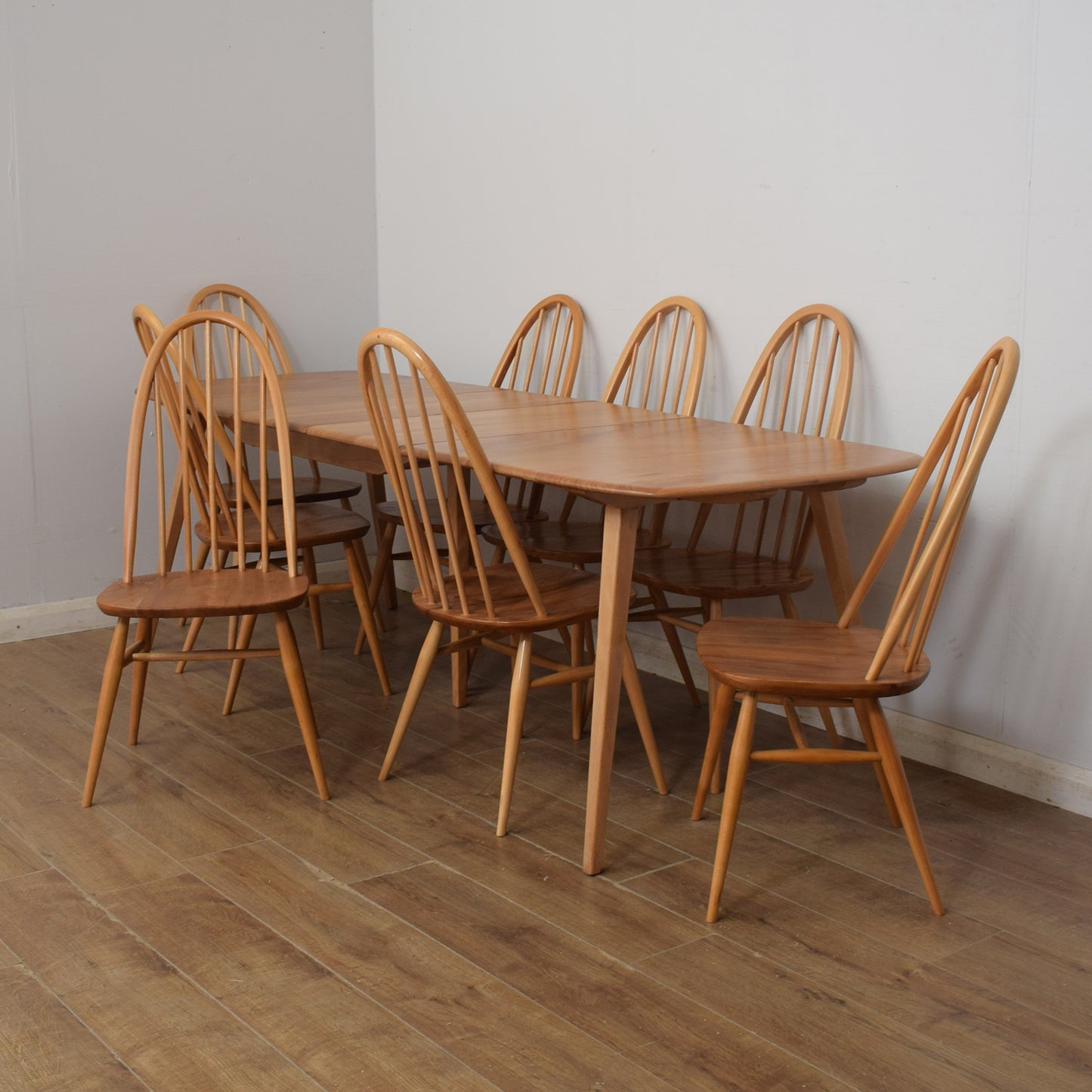 Restored Ercol Grand Windsor Plank Table And Eight Chairs
