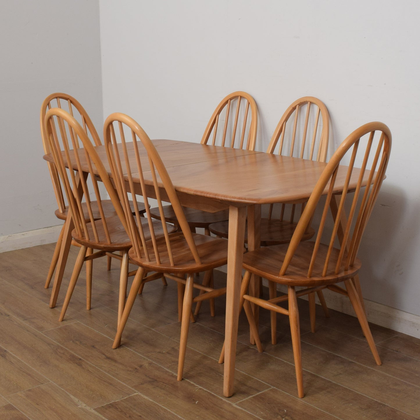 Restored Ercol Grand Windsor Plank Table And Eight Chairs