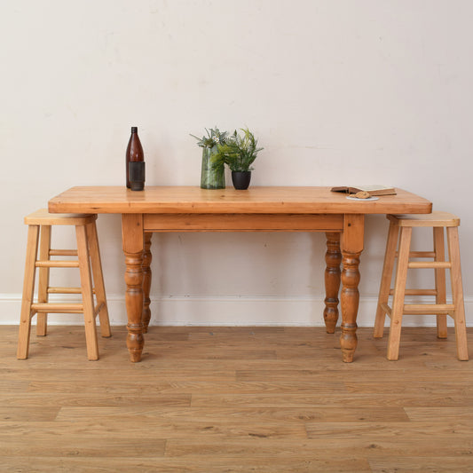 Narrow Pine Table And Two Stools