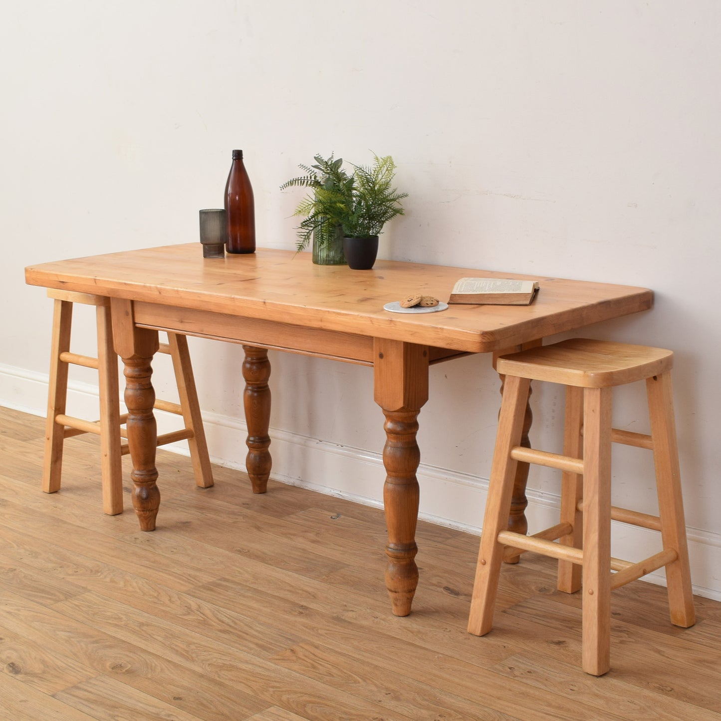 Narrow Pine Table And Two Stools