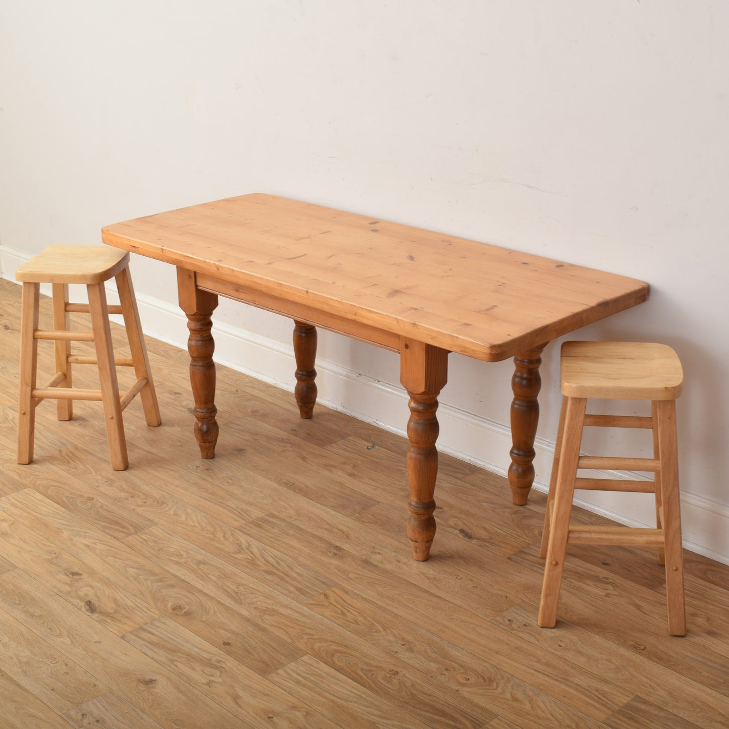 Narrow Pine Table And Two Stools