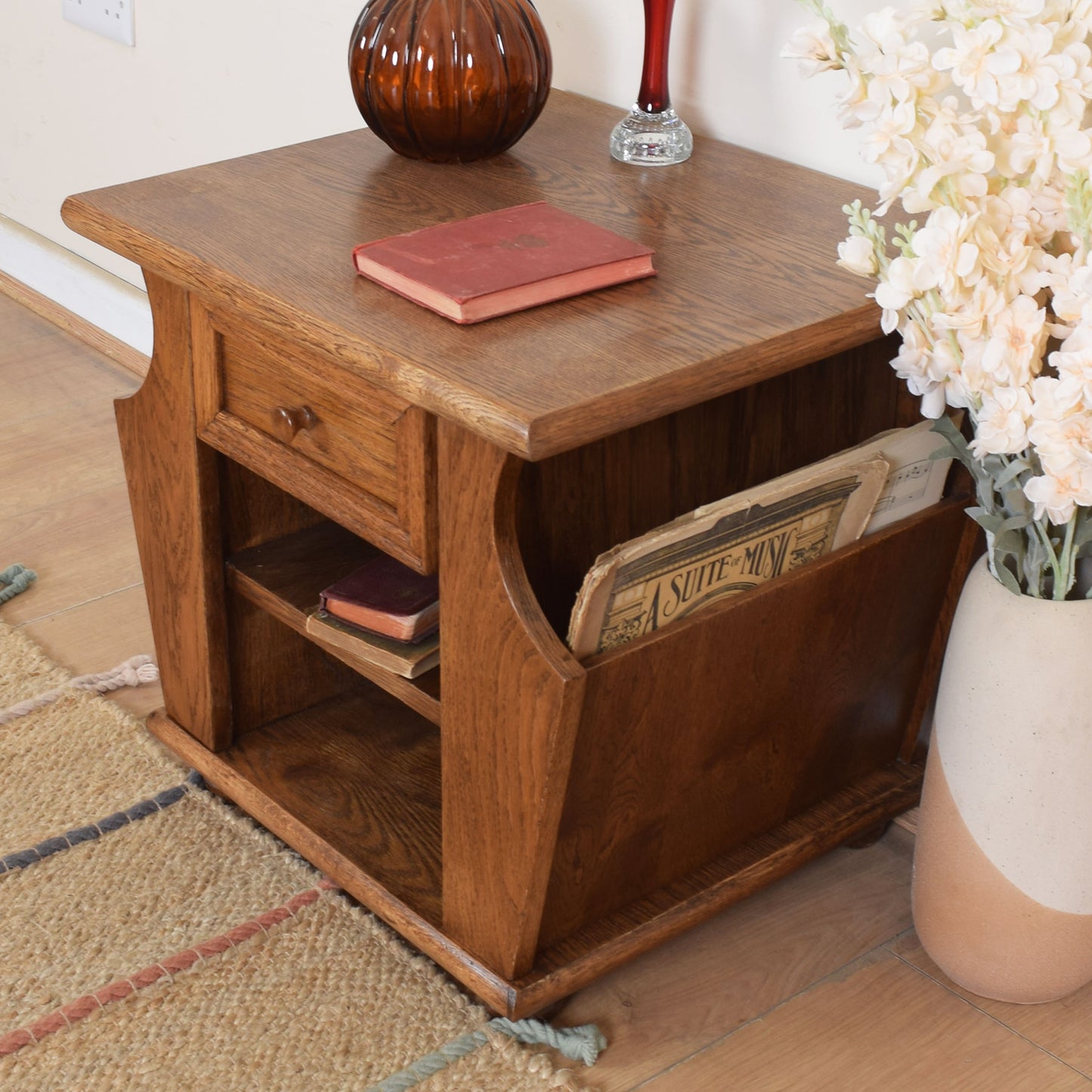 Oak Side Table With Magazine Rack.
