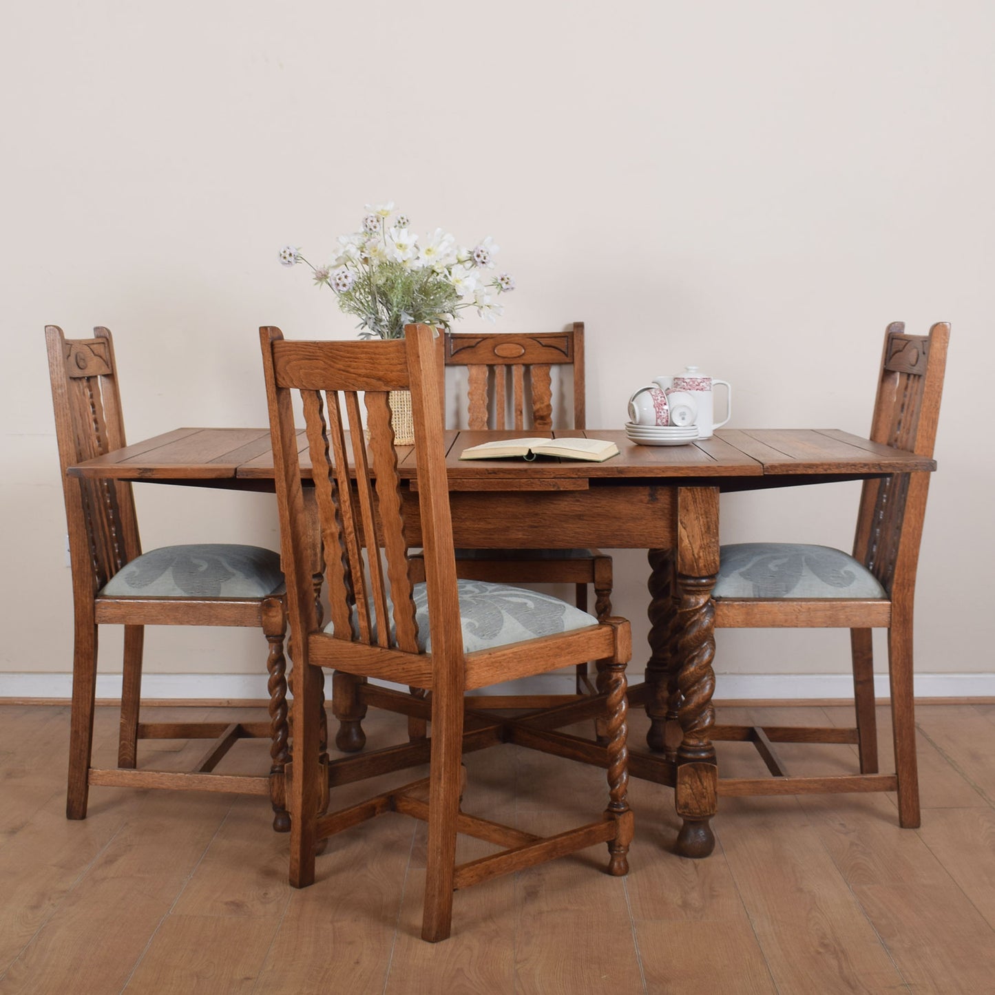 Barley Twist Draw-Leaf Table with Four Chairs