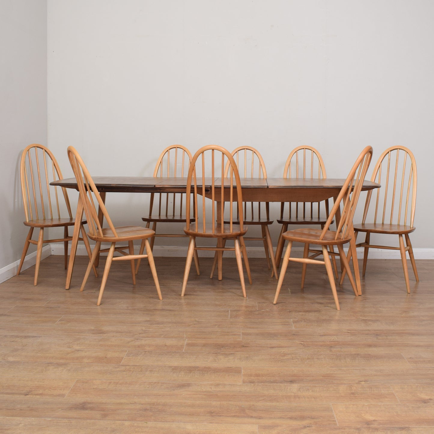 Restored Ercol Grand Windsor Plank Table And Eight Chairs