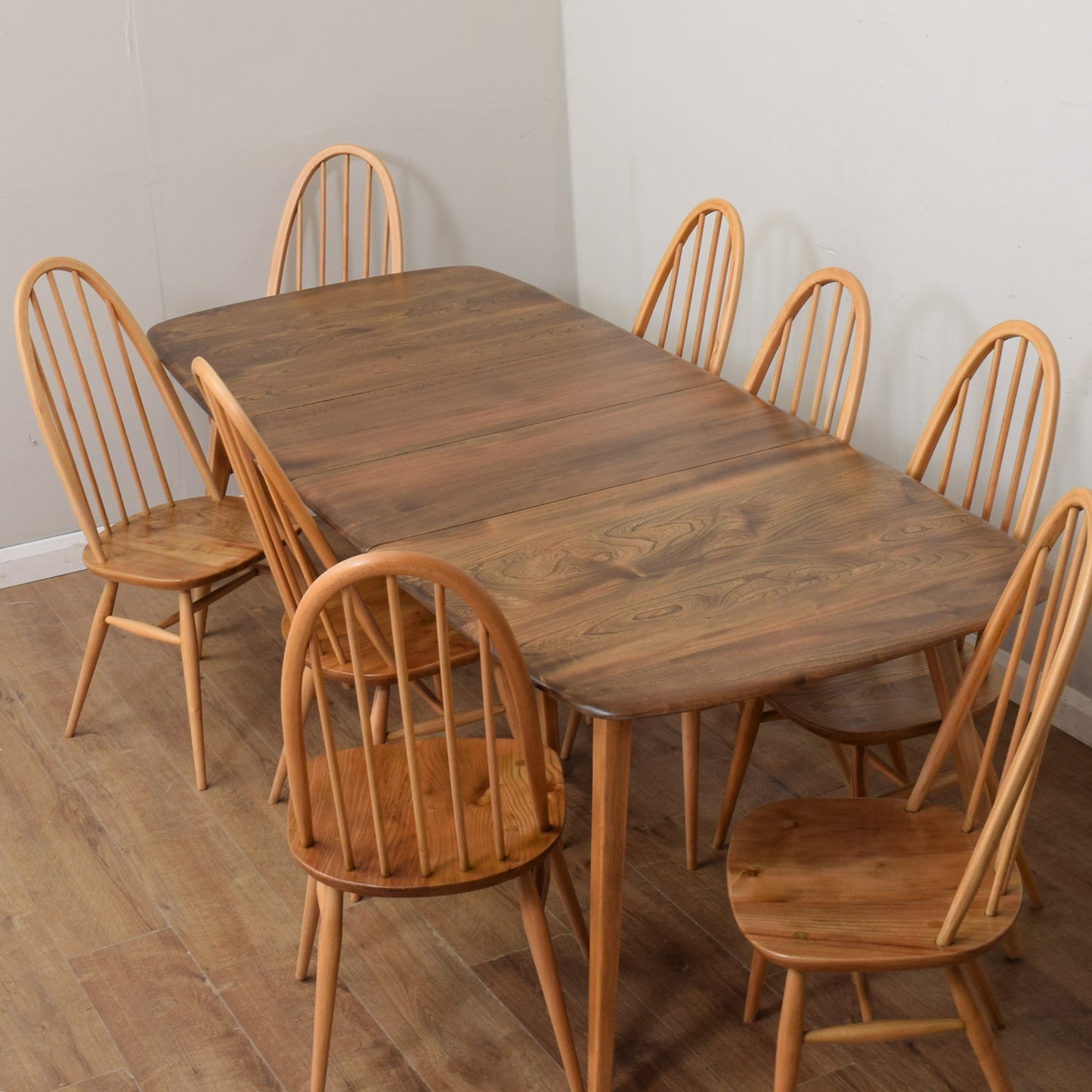 Restored Ercol Grand Windsor Plank Table And Eight Chairs