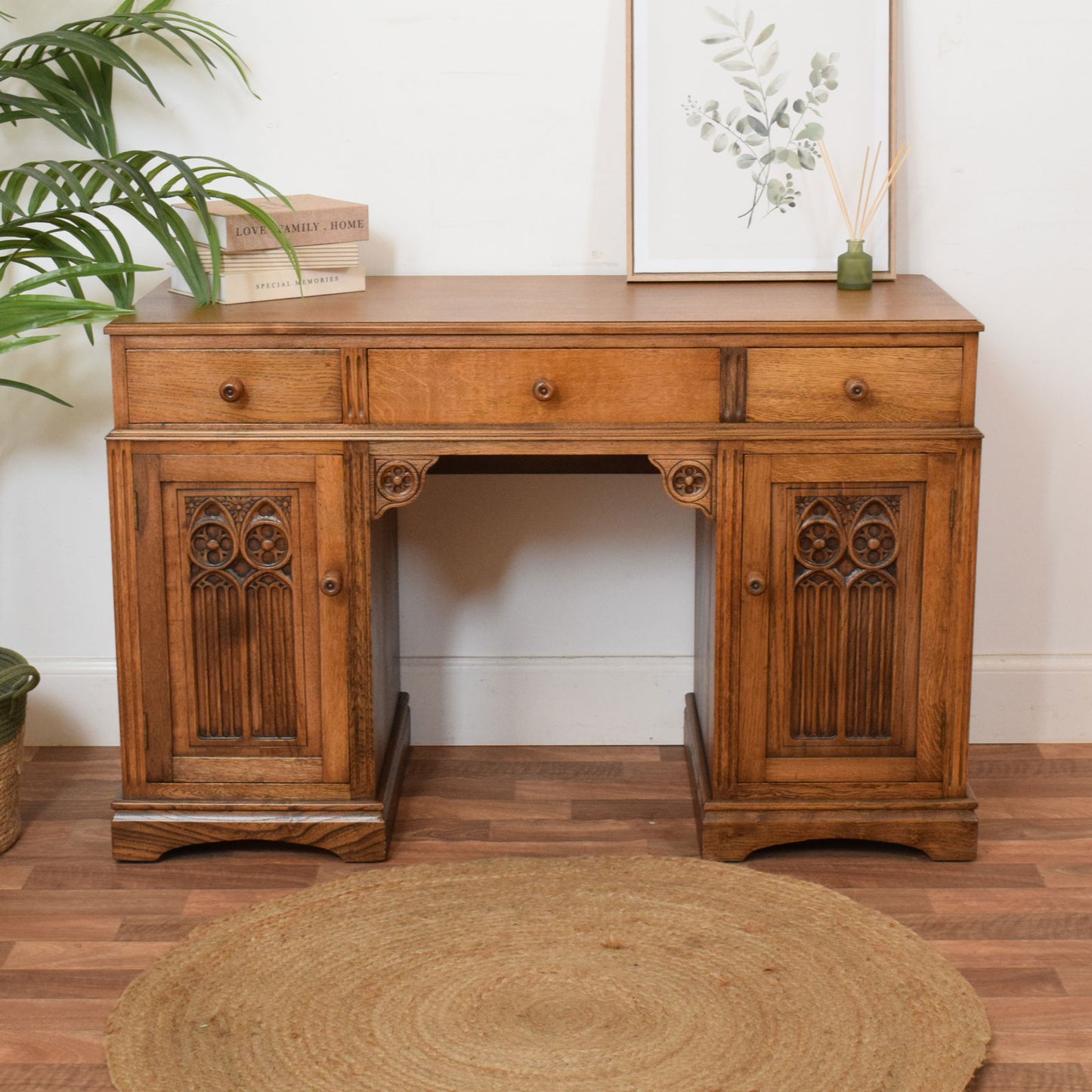 Carved Oak Pedestal Desk