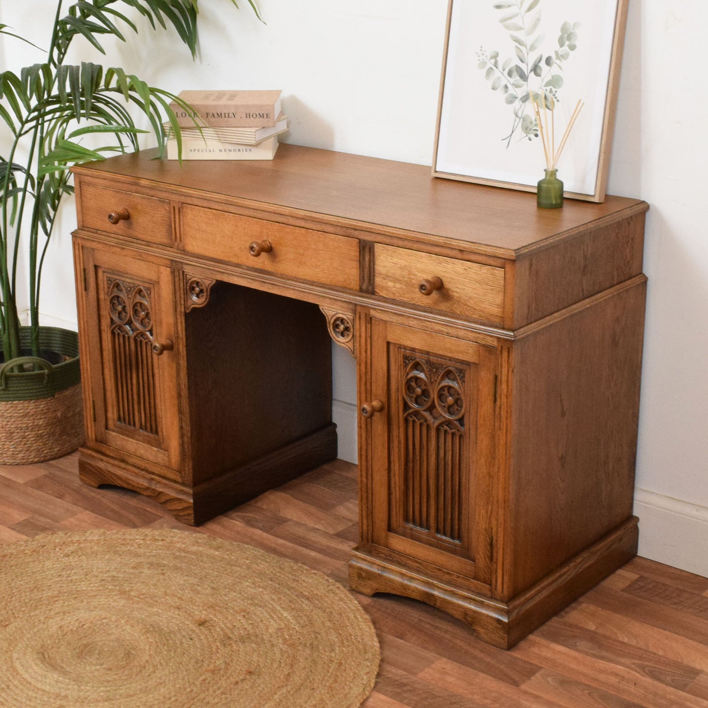 Carved Oak Pedestal Desk