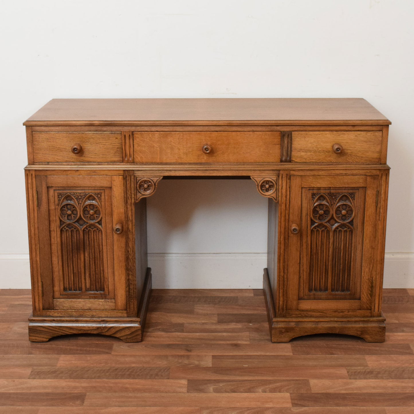 Carved Oak Pedestal Desk