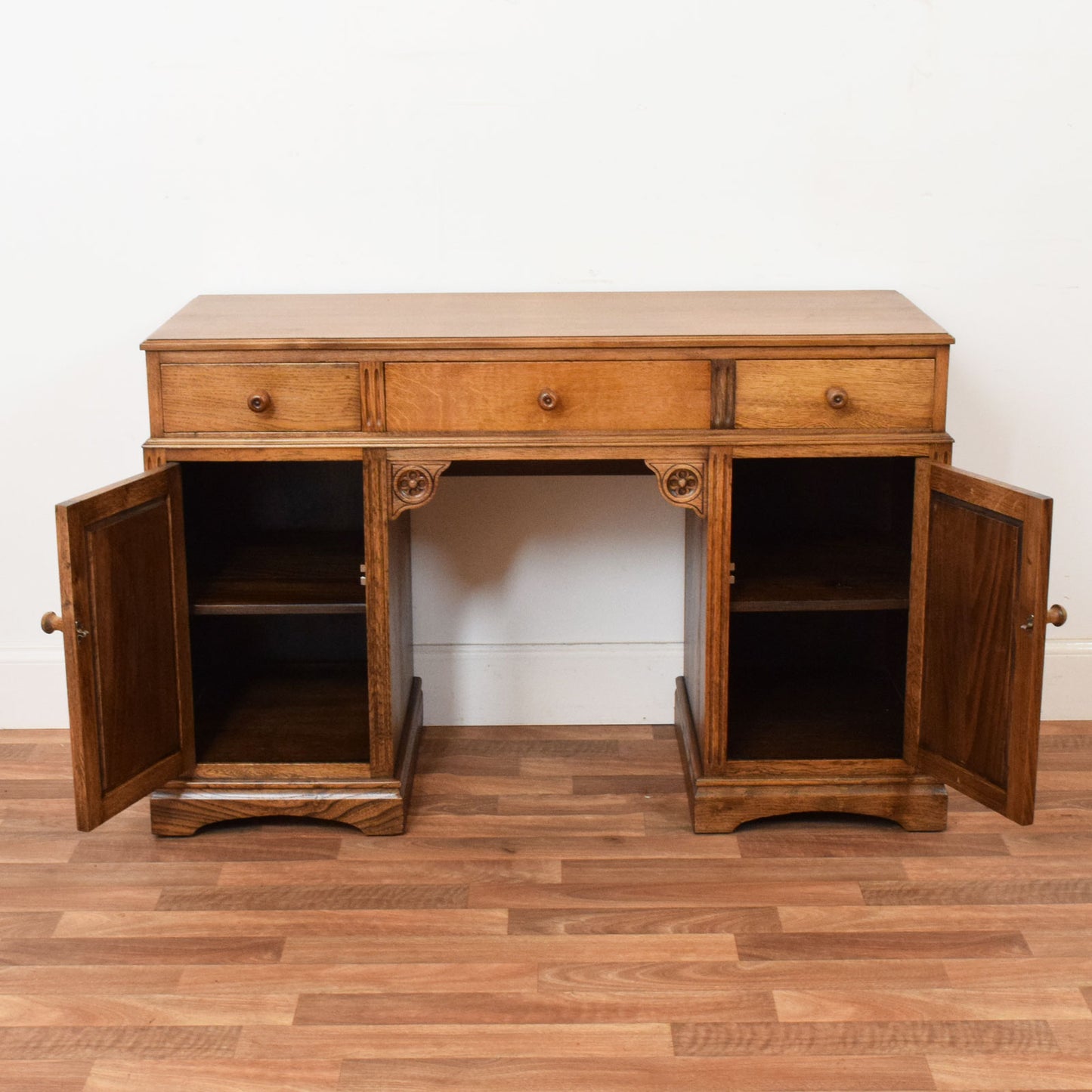 Carved Oak Pedestal Desk