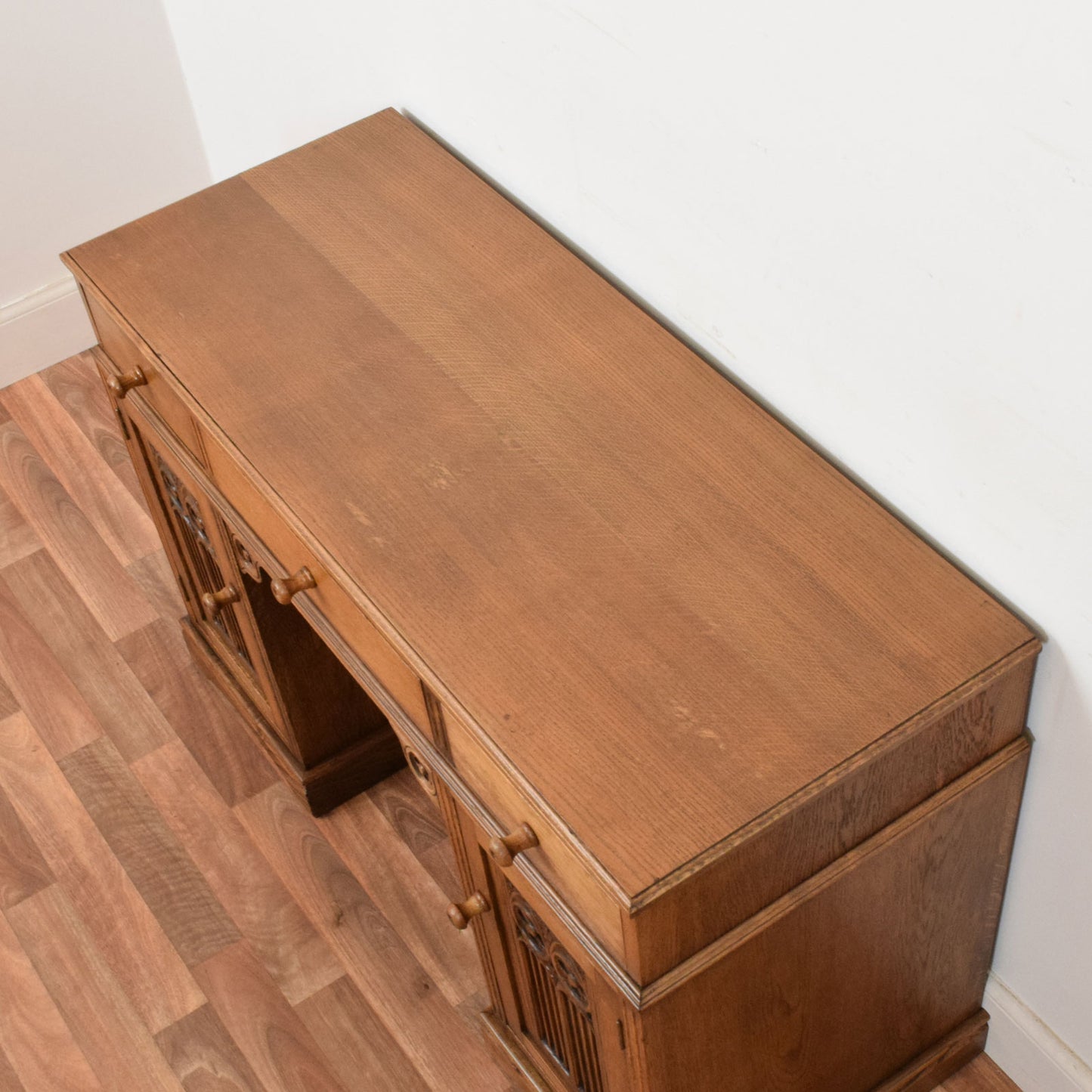 Carved Oak Pedestal Desk
