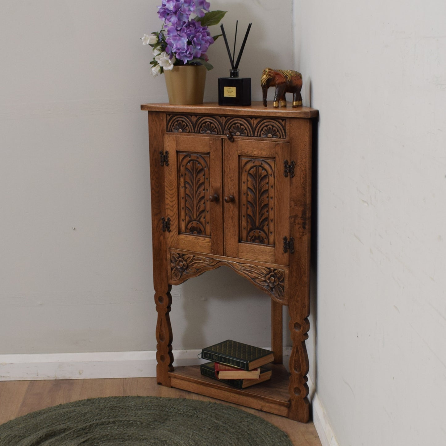 Carved Oak Corner Cabinet