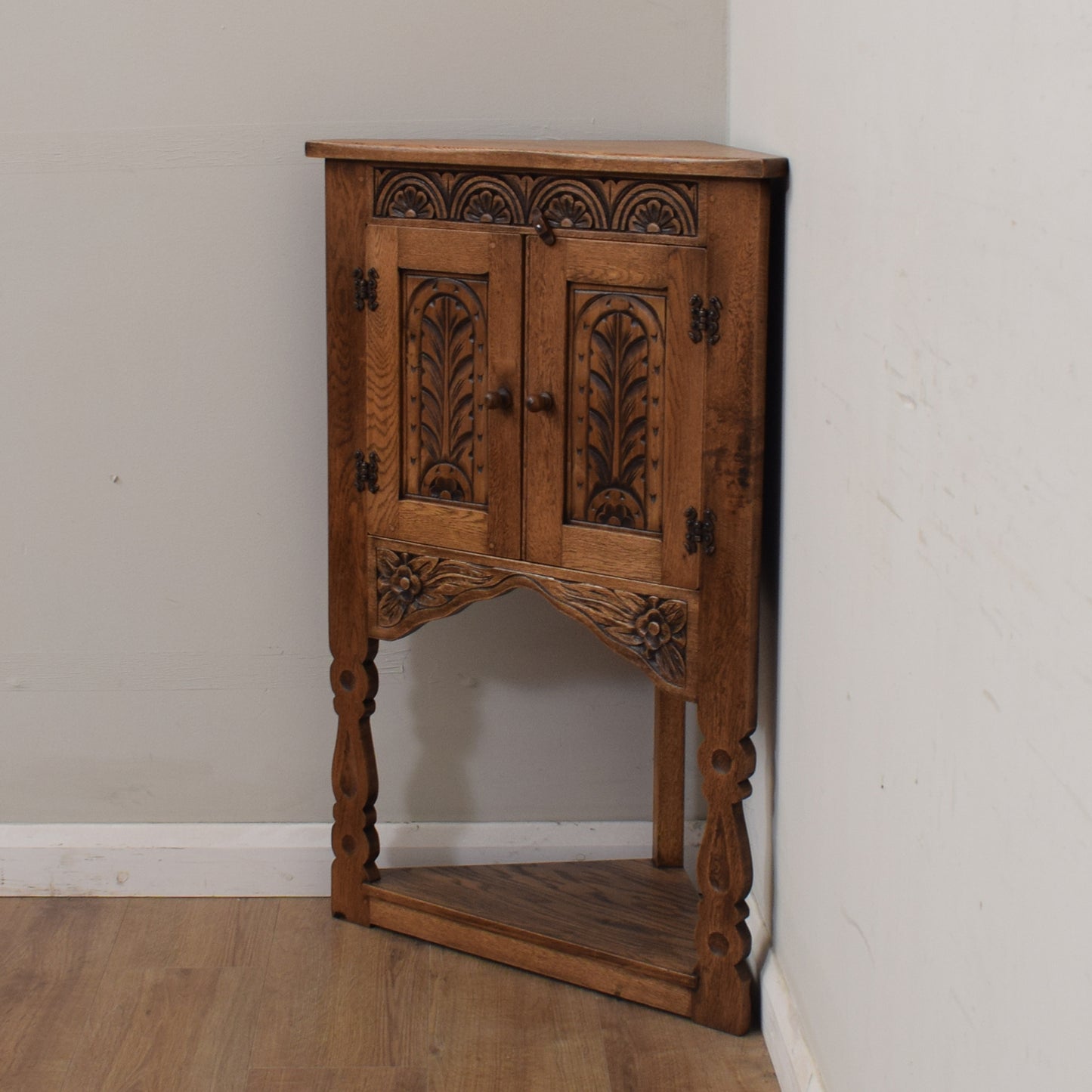 Carved Oak Corner Cabinet